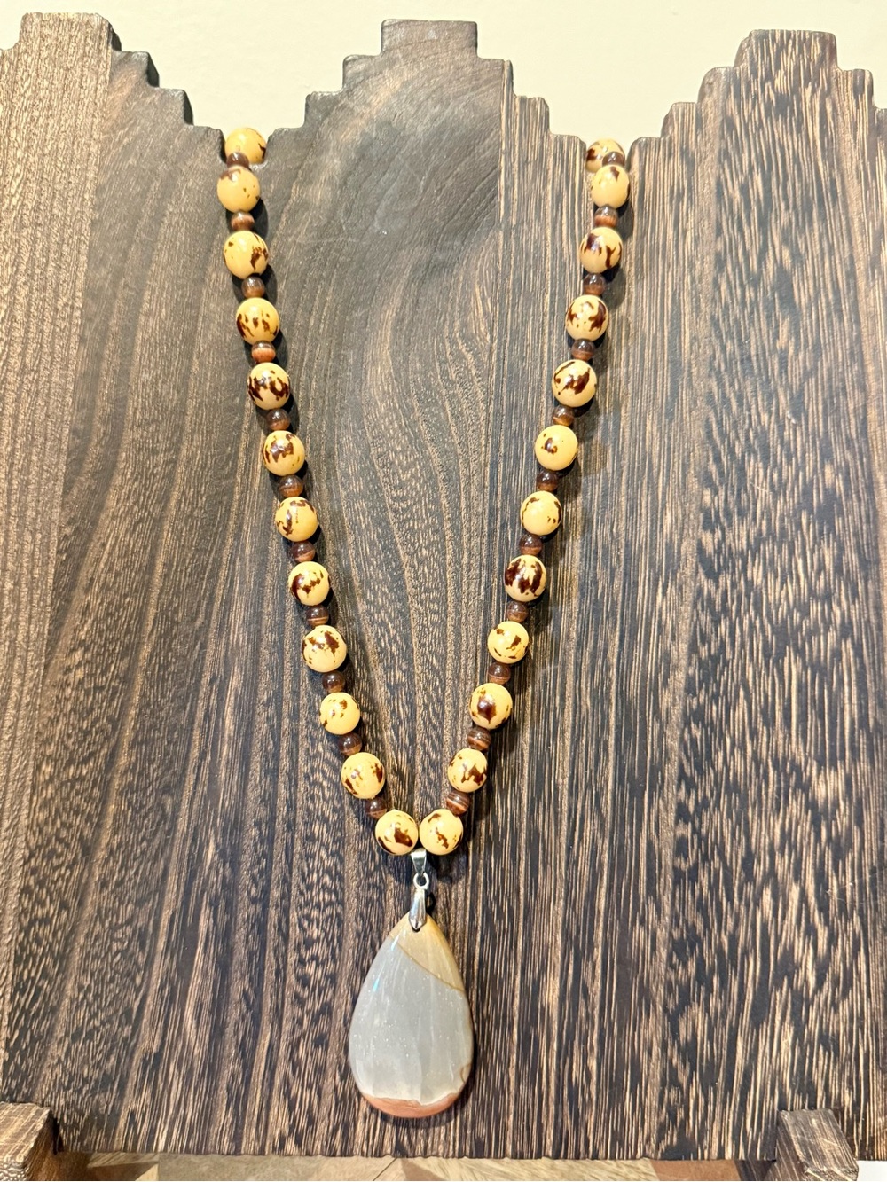 Vintage Yellow and Brown Beaded Necklace with Teardrop Pendant